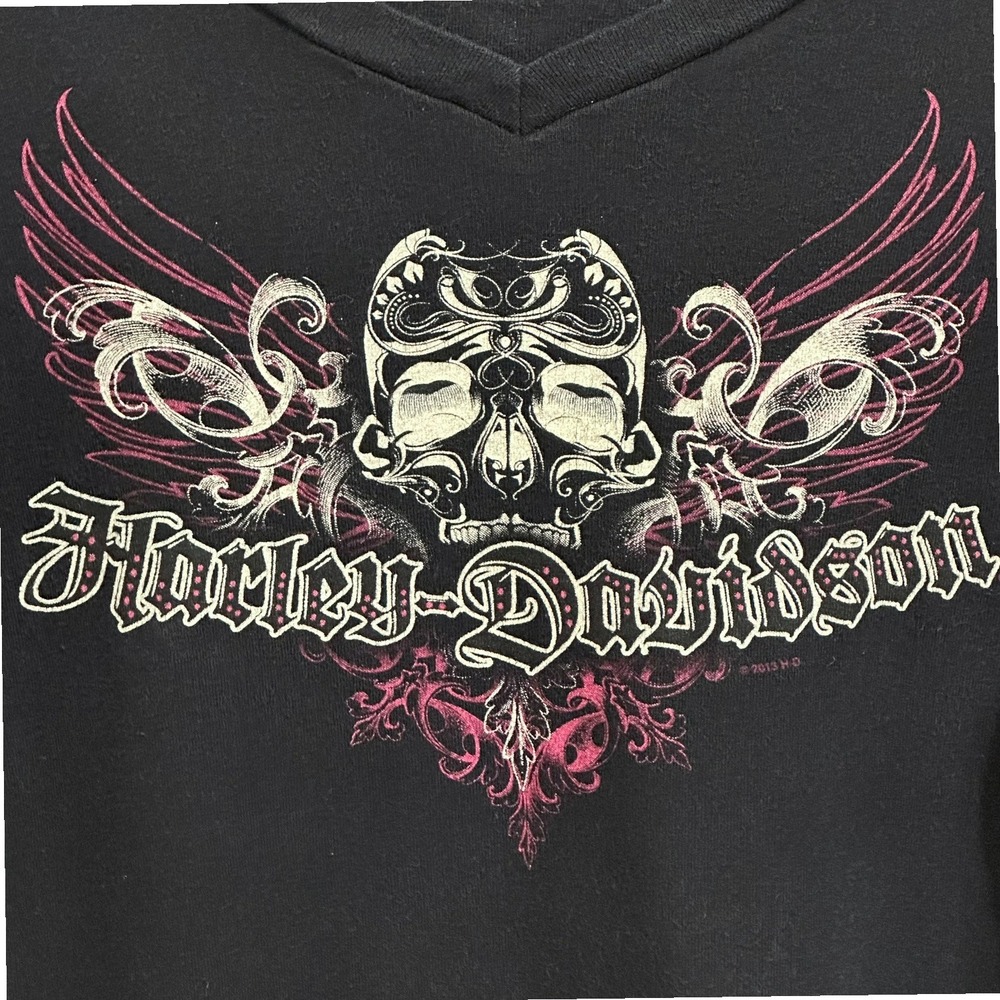 Harley-Davidson Shirt Women Small Black Long Sleeve Skull Wings Graphic V-Neck - Picture 8 of 14